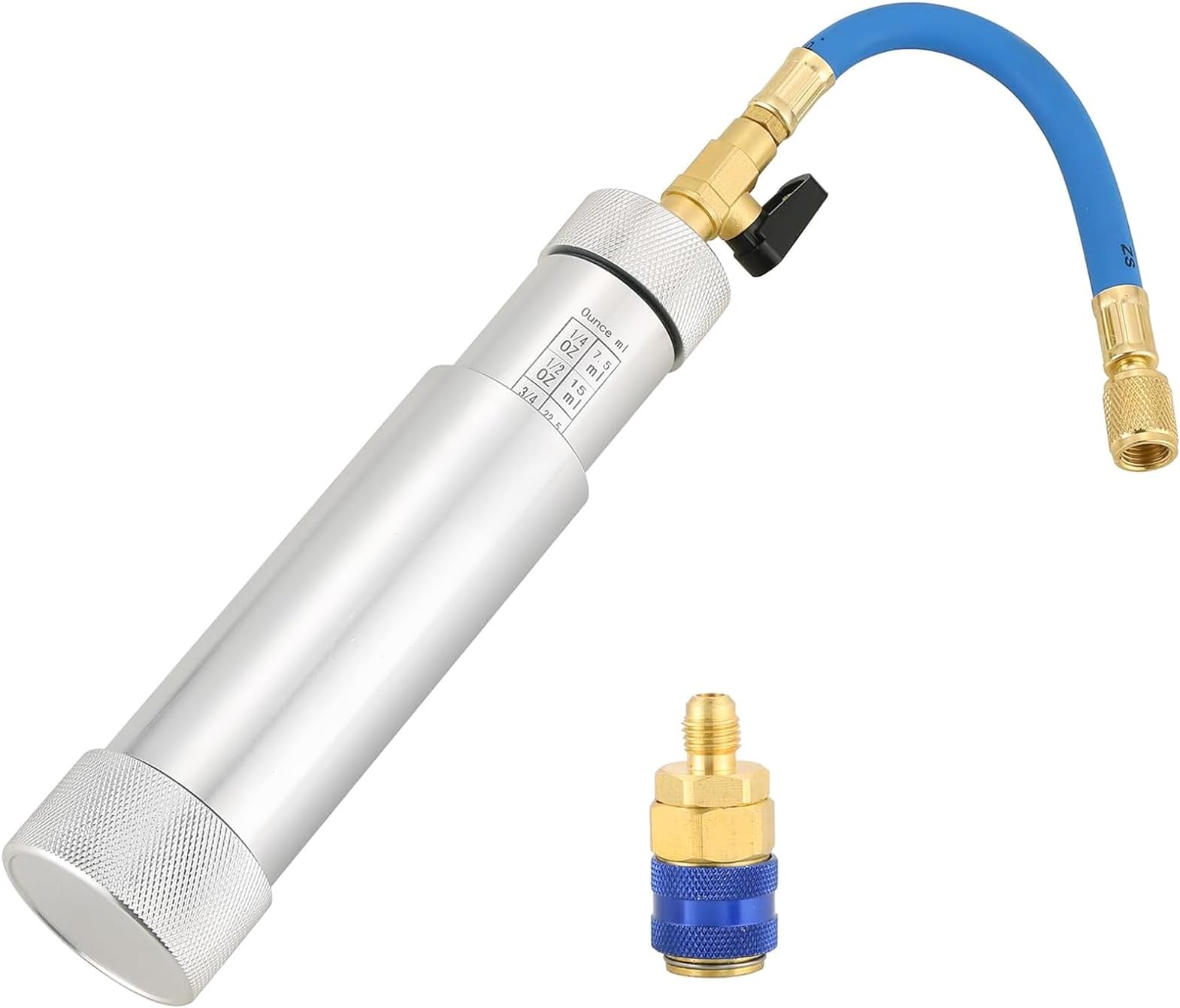 DASBET A/C Oil and Dye Injector with Snap Quick Coupler, 2 OZ Hand Turn Screw-in Air Conditioning Coolant Filling Tube Injection Tool with 1/4 inch SAE Connector for R410A, R134A, R22 and R12