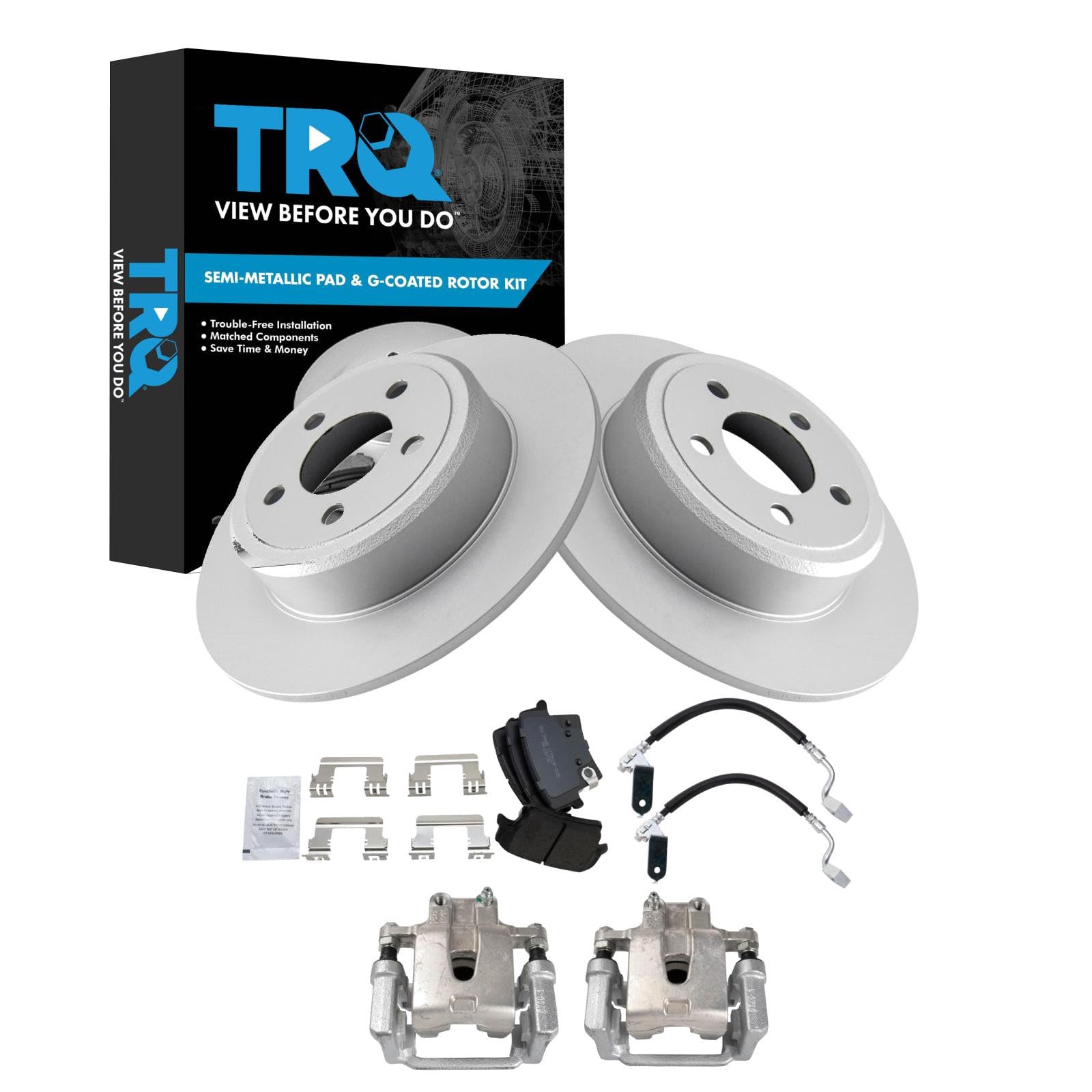 TRQ Rear Brake Pad and Rotor Set Semi Metallic Coated Rotors Calipers Compatible with 2005-2018 Chrysler 300 2010-2015 Dodge Challenger 2006-2016 Charger 2005-2008 Magnum