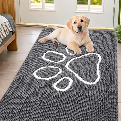 Image of Smiry Dog Door Mat for Muddy Paws, Absorbent Dirt Trapper Non Slip Quick Dry Washable Chenille Mat for Mud Dogs, Entry Rug for Indoor and Outdoor (54x32 Inches, Dark Grey and White)