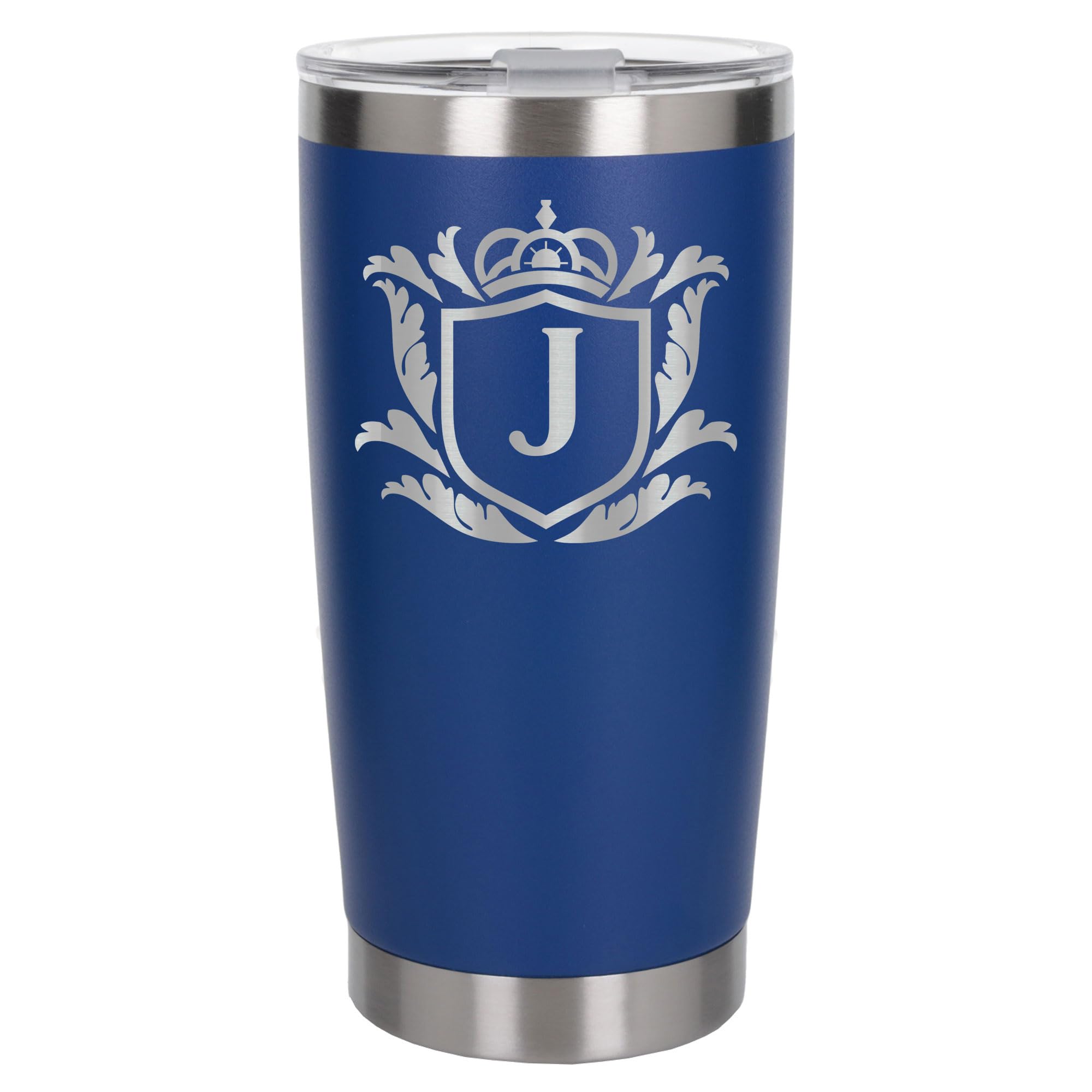 Customised Gifts 500ml Engraved Shield Initial Monogram Insulated Personalised Dark Blue Travel Mug for Men and Women - Personalised Initial Coffee Travel Mug for Hot and Cold Beverages, Letter J โ image 1