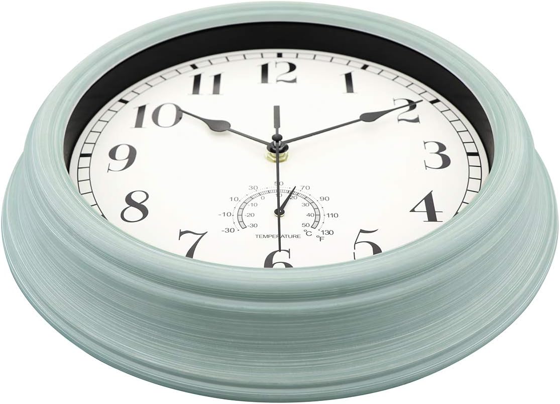 Foxtop Retro Silent Non-Ticking Wall Clock with Thermometer - Battery Operated Quality Quartz Round Clock for Patio/Home Decor 12 inch (Blue)