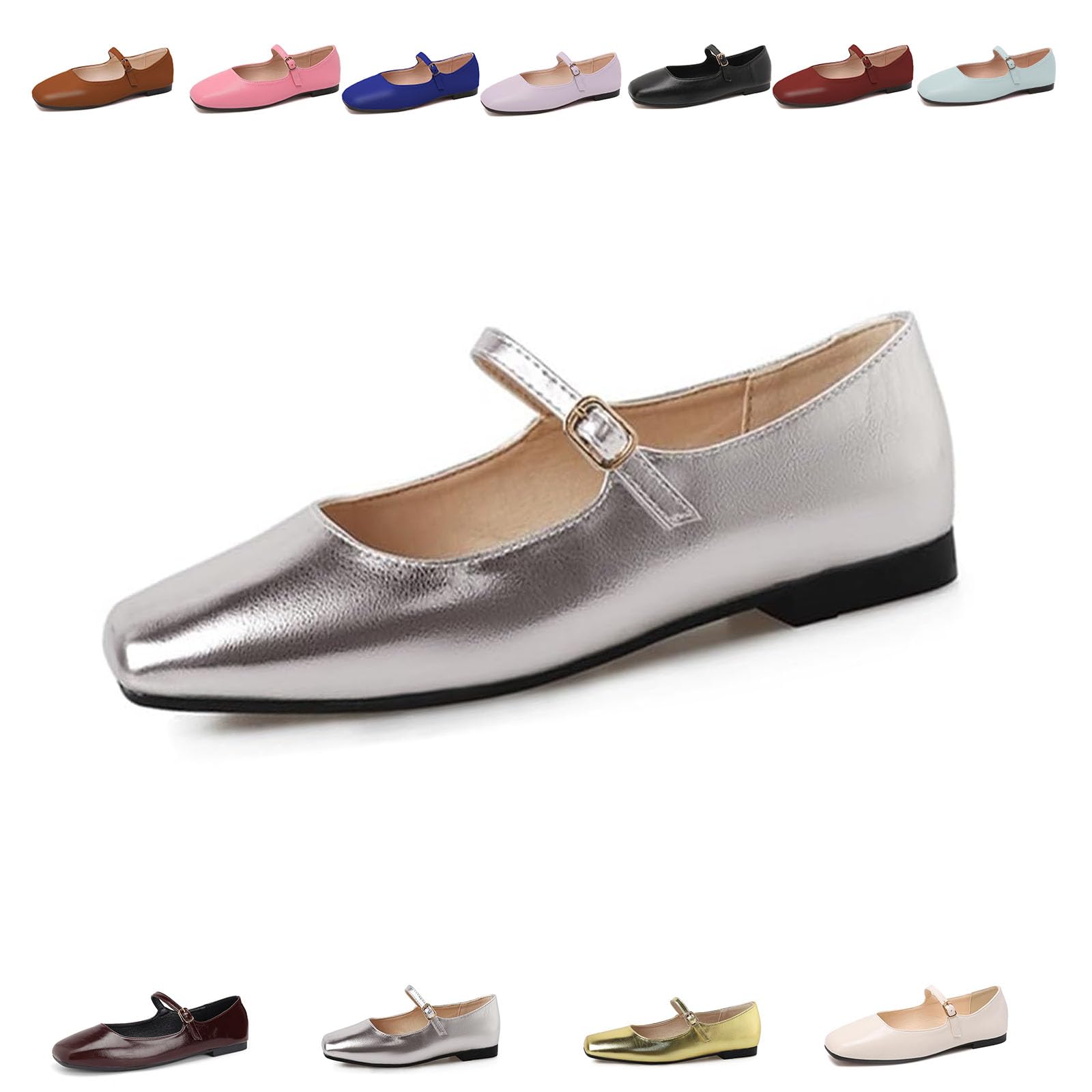 Mary Jane Flats Shoes, Square Toe Slip On Ballet Flats with Adjustable Ankle Strap, comfortable Casual Dress Shoes