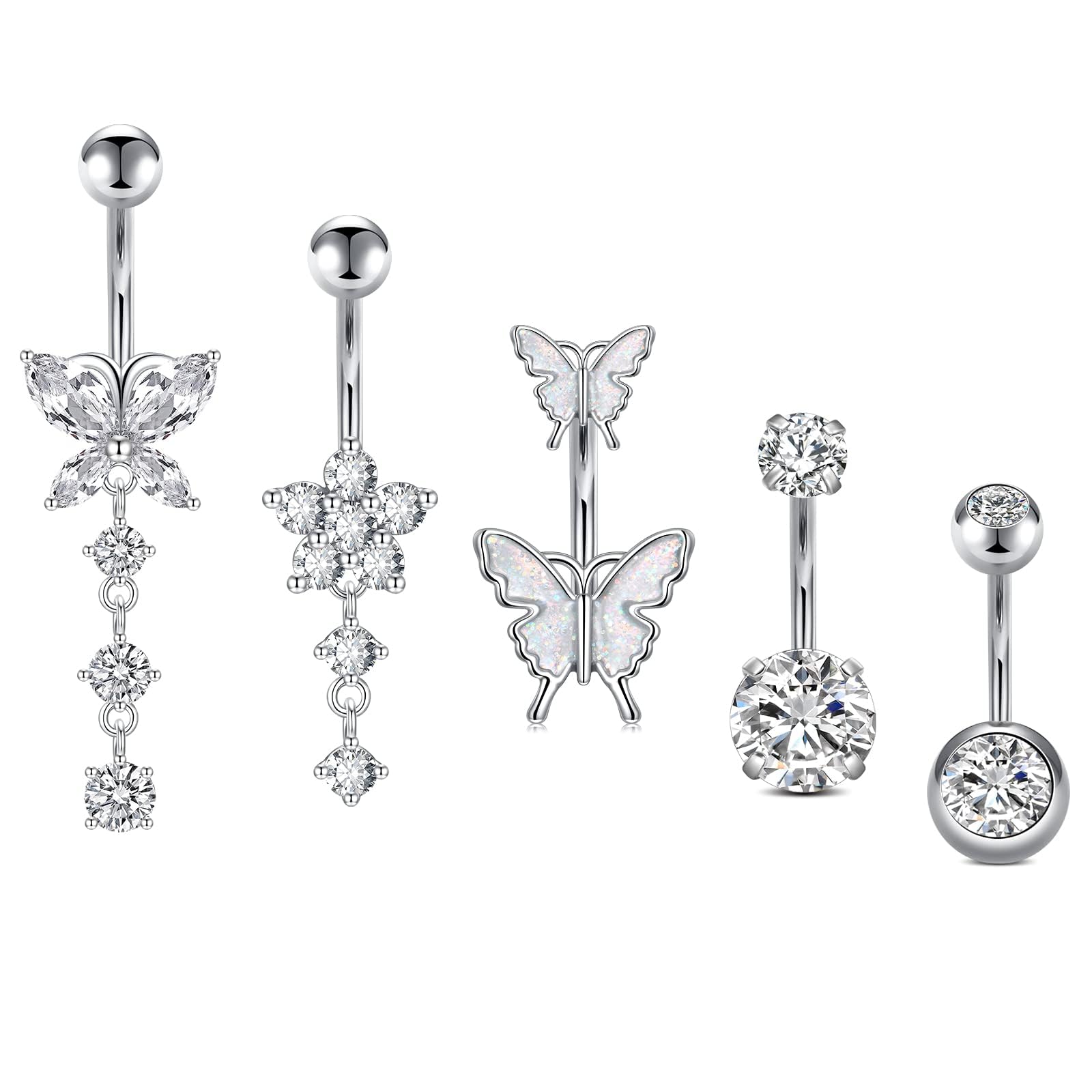 ZephyrHome 5 estilos piercing ombligo，14G piercing ombligo acero quirurgico，piercing ombligo titanio，Piercing de ombligo con bola de cristal y joyería de mariposa，hombres y mujeres（6mm/10mm）piercing ombligo