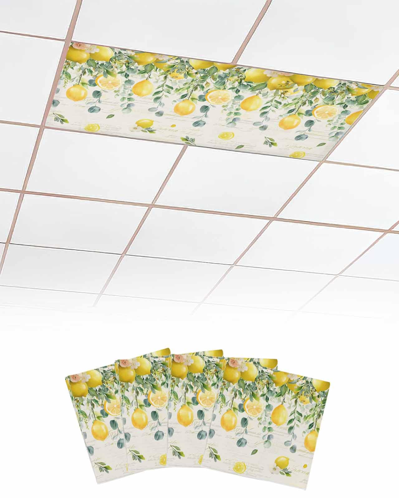 Country 4 Pcs Fluorescent Light Covers for Ceiling Lights, Lemon Eucalyptus Leaf Magnetic Light Filters for Eliminate Harsh Glare Classroom Office Decoration, 4 x 2 Ft