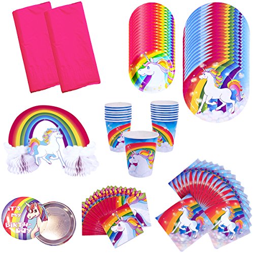 My Shoppe Rainbow Unicorn Birthday Party Supplies Pack Bundle Kit Includes Dinner Plates, Dessert Plates, Cups, Large and Small Napkins, Table Covers and Centerpiece - Serves 16 People