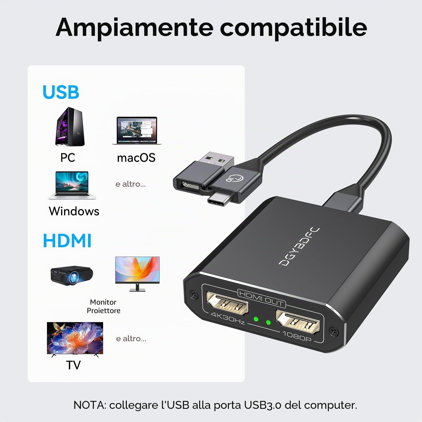 Adattatore da USB 3.0 a HDMI 1 in 2 out Display Esteso Doppio Monitor USBA e USBC a 2 Splitter HDMI 4K 30Hz+1080p 60Hz per Laptop MacOS Supporta la Modalità MST/SST con Cavo da USB-A/C a USB-C