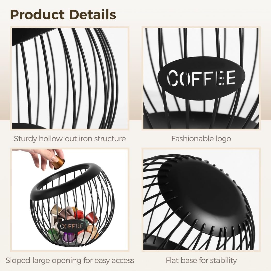 K Cup Organizer with Great Capacity, Coffee Pod Holder, Metal Wire Storage, Contemporary Capsule Cages, Bowl for Fruit Snacks Countertop Storage