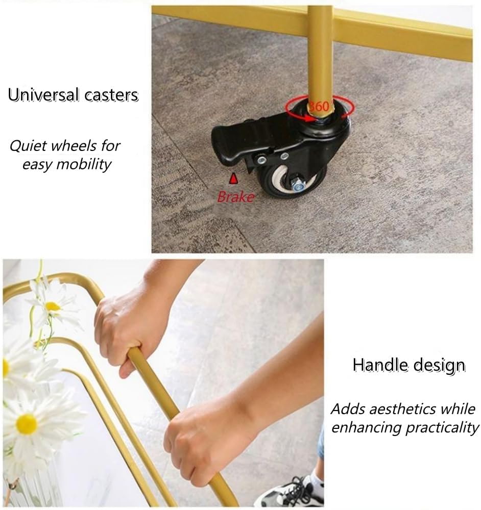 2-Tier Metal Frame Bar Carts, Utility Cart with Wheels and Handle, Portable Serving Cart for Home, Tea Cart for Living Room or Dinning Room(Gold)