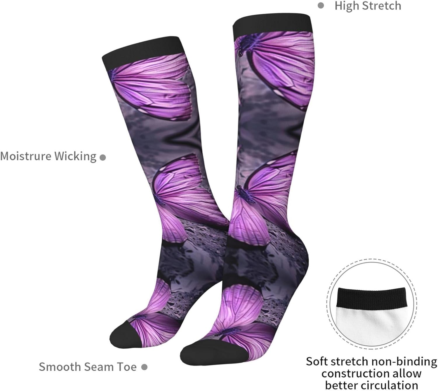 Purple Butterfly Print Breathable Crew Neck Athletic High Socks,Suitable For Sports,Running,And Travel.