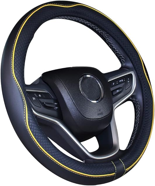ISTN Pokrowiec na kierownicę samochodu ze skóry z mikrofibry, 38 cm, czarno-żółty