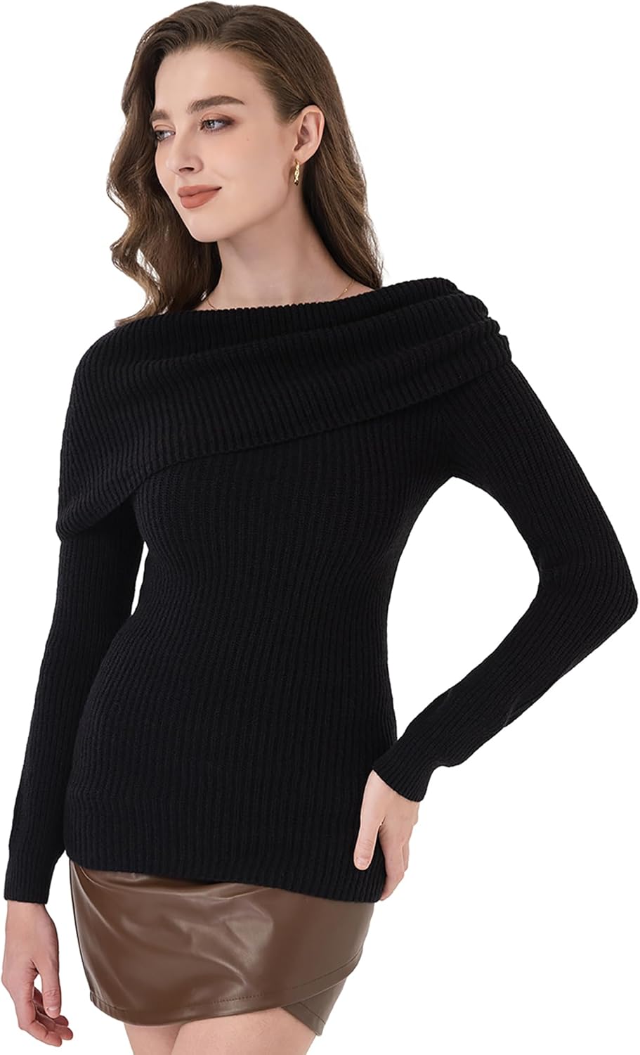AmélieBoutik Women Off Shoulder Sweater Dressy Casual Slim Fit Long Sleeve Ribbed Knit Going Out Tops Blouse - Image 2