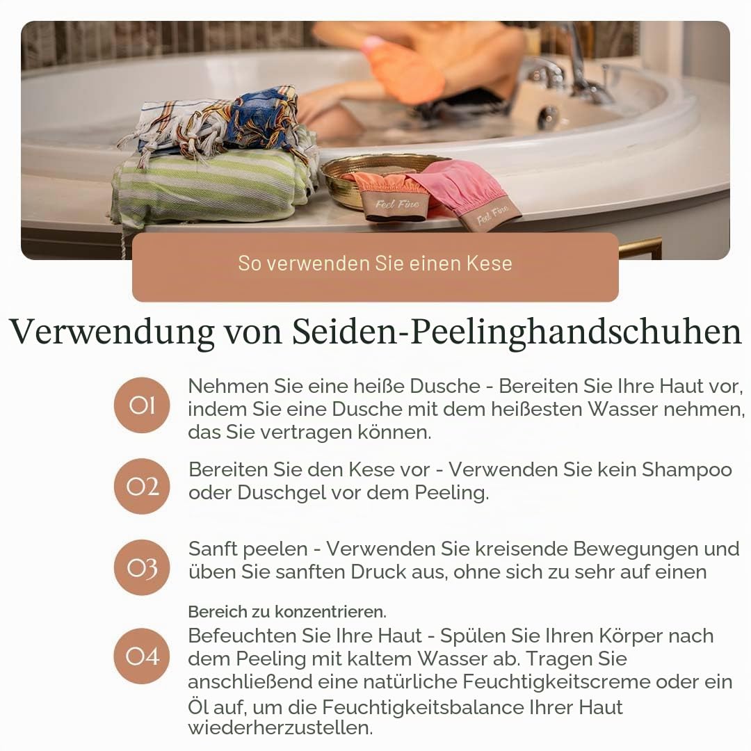 Feel Fine Türkischer Peelinghandschuh – 100% Rohkokonseide Hammam Kese für Männer & Frauen | Handgefertigter Peelinghandschuh für Dusche & Bad (Gold)