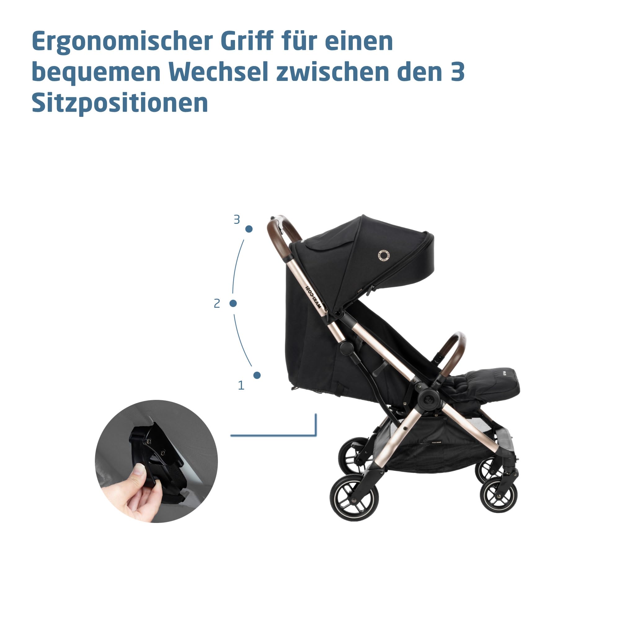 Maxi-Cosi Eva3 Kinderwagen 0–4 Jahre 0–22 kg Leicht Kompakt Flache Liegeposition 3 Liegepositionen Automatisch mit 1 Hand klappbar Essential Black Champagne