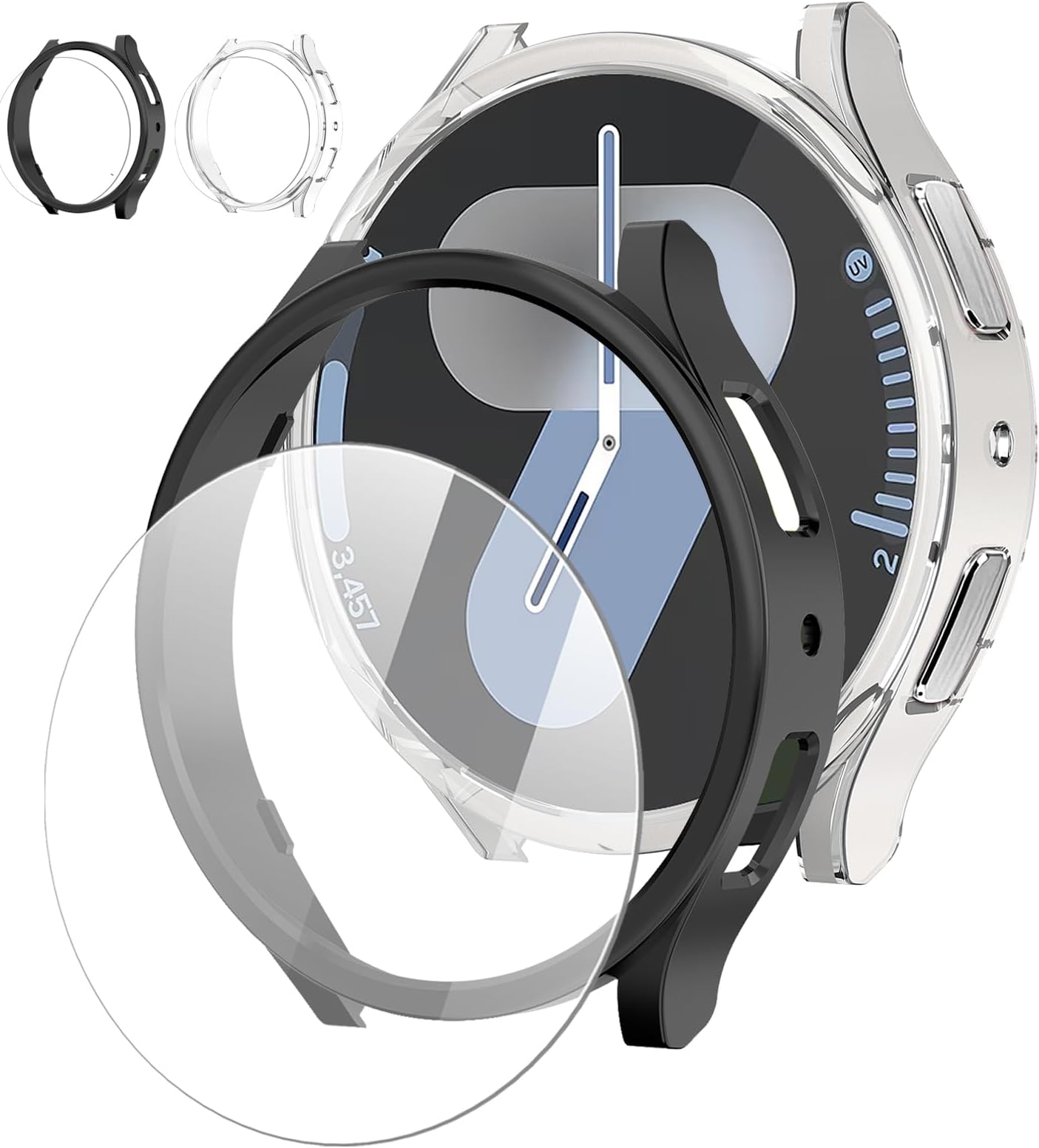 [2+2Pack For Samsung Galaxy Watch 7 Screen Protector Case 44mm Accessories，Galaxy Watch 7 Case for Women Men，Hard PC Bumper Cover/HD Anti-Fog Tempered Glass Protective Film，Face Cover Set