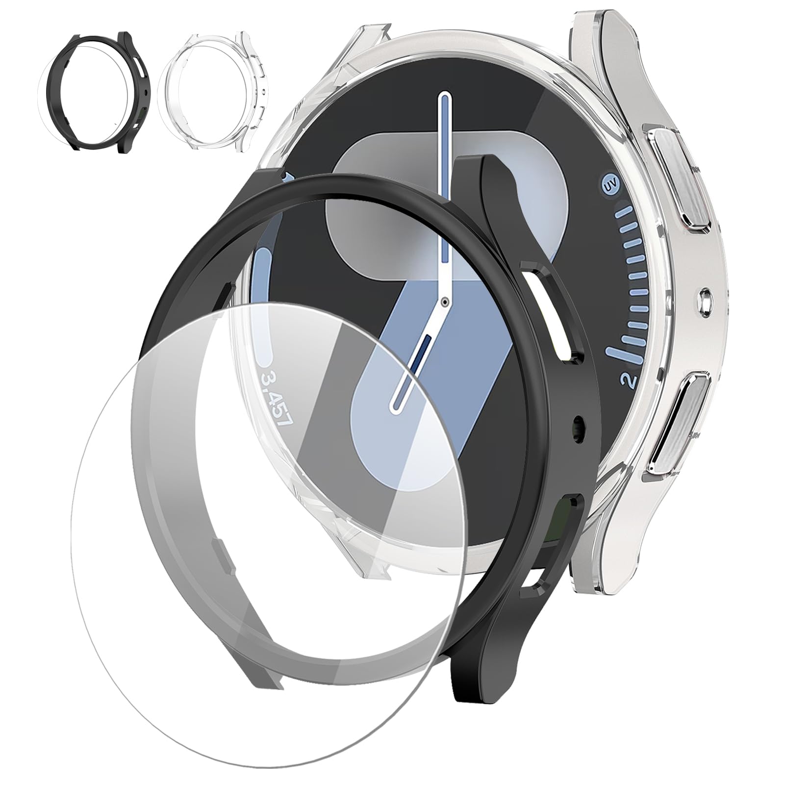 [2+2Pack For Samsung Galaxy Watch 7 Screen Protector Case 44mm Accessories，Galaxy Watch 7 Case for Women Men，Hard PC Bumper Cover/HD Anti-Fog Tempered Glass Protective Film，Face Cover Set