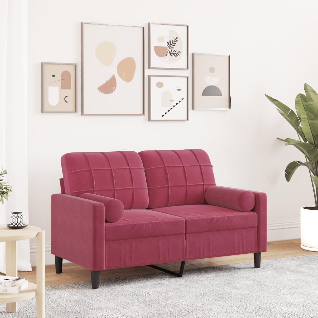 Canapé 2 places en velours rouge vin avec coussin décoratif de 120 cm de large, cadre en métal, housses amovibles, rembourrage confortable, meuble de salon moderne pour chambre d'amis et salon