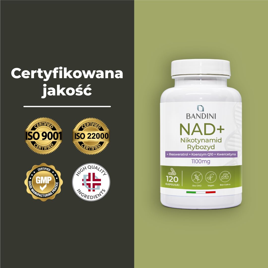 Bandini® Liposomalny NAD+ | 120 kapsułek wegańskich | NAD chlorkiem rybozydu nikotynamidu z kwercetyną, resweratrolem, koenzymem Q10 | Przeciwstarzeniowy, Energia komórkowa | 11100 mg na dawkę dzienną