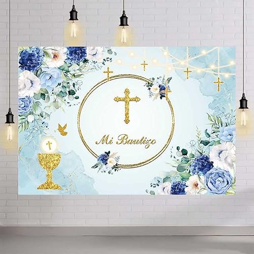 Miniatura 4 de MEHOFOND Telón de fondo Mi Bautizo de 7 x 5 pies, diseño floral azul para la primera comunión, fondo de fotografía de la primera comunión, Santo