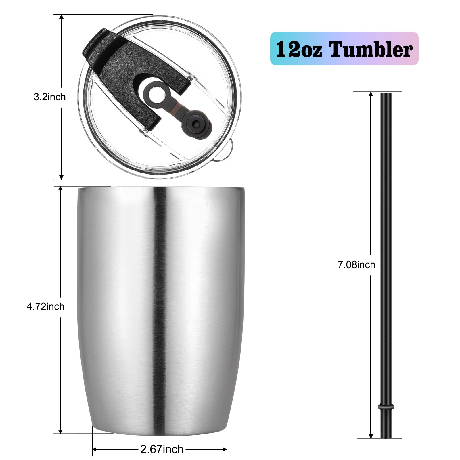 VEGOND Vasos de acero inoxidable de 12 onzas a granel, aislados al vacío, vaso de viaje de doble pared con tapa y popote, vaso reutilizable, acero inoxidable, paquete de 6