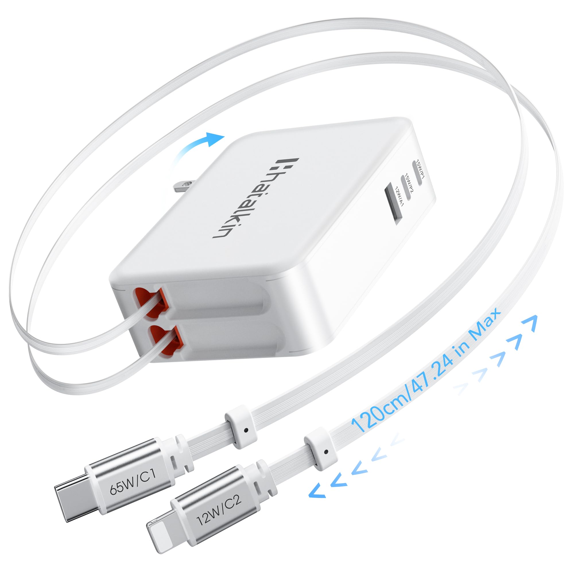 Photo 1 of 65W for MacBook Pro Charger,5-in-1 Retractable Wall Charger Plug for iPhone 17,3.94 ft PD USB C&Lightening Cable&3 Ports,Fast Charging Block for Mac Book Pro/Air,M1 M2 M3 M4 M5,iPad Pro,Galaxy,Pixel