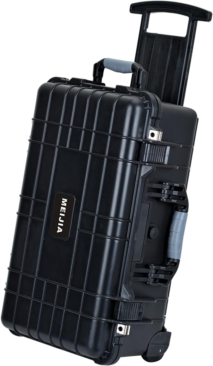 MEIJIA All Weather Portable Waterproof Hard Case with Retractable Pull Handle and Rolling Wheels, Customizable Fit Foam Inserted, Fit For Camera,Drones,Equipment,Elegant Black,22 x13.81x9inches