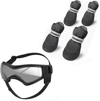 QUMY Black Mesh Dog Shoes Small Size 3 and Black Dog Goggles for Outdoor Walking, Hiking, Riding, Driving, Boating