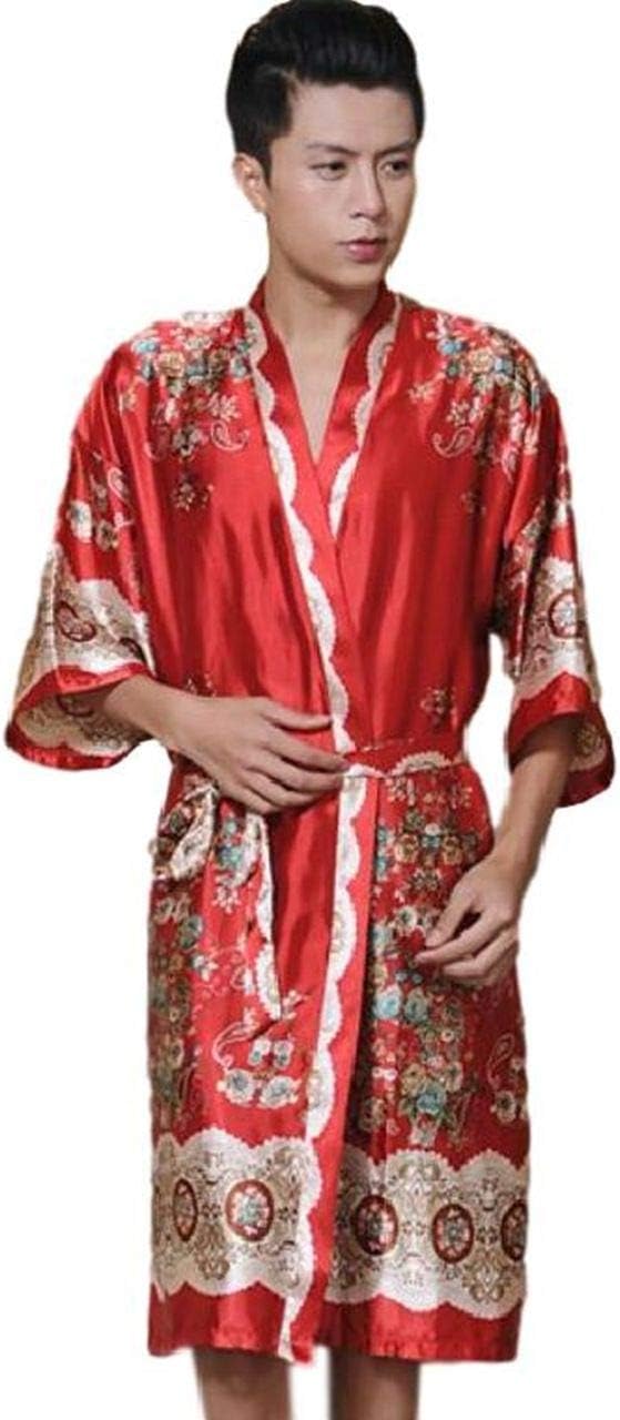 Men's Satin Printed Robe Kimono Short Sexy Bathrobe