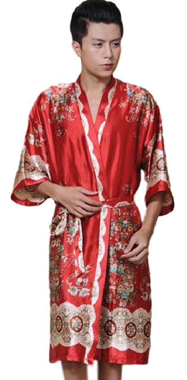 Men's Satin Printed Robe Kimono Short Sexy Bathrobe