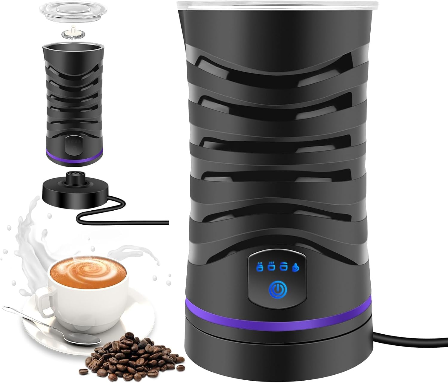 Montalatte elettrico 4 in 1, capacità 600 ml, in acciaio inox, rivestimento antiaderente, schiuma di latte calda e fredda, per latte macchiato, cappuccino e cacao (nero)