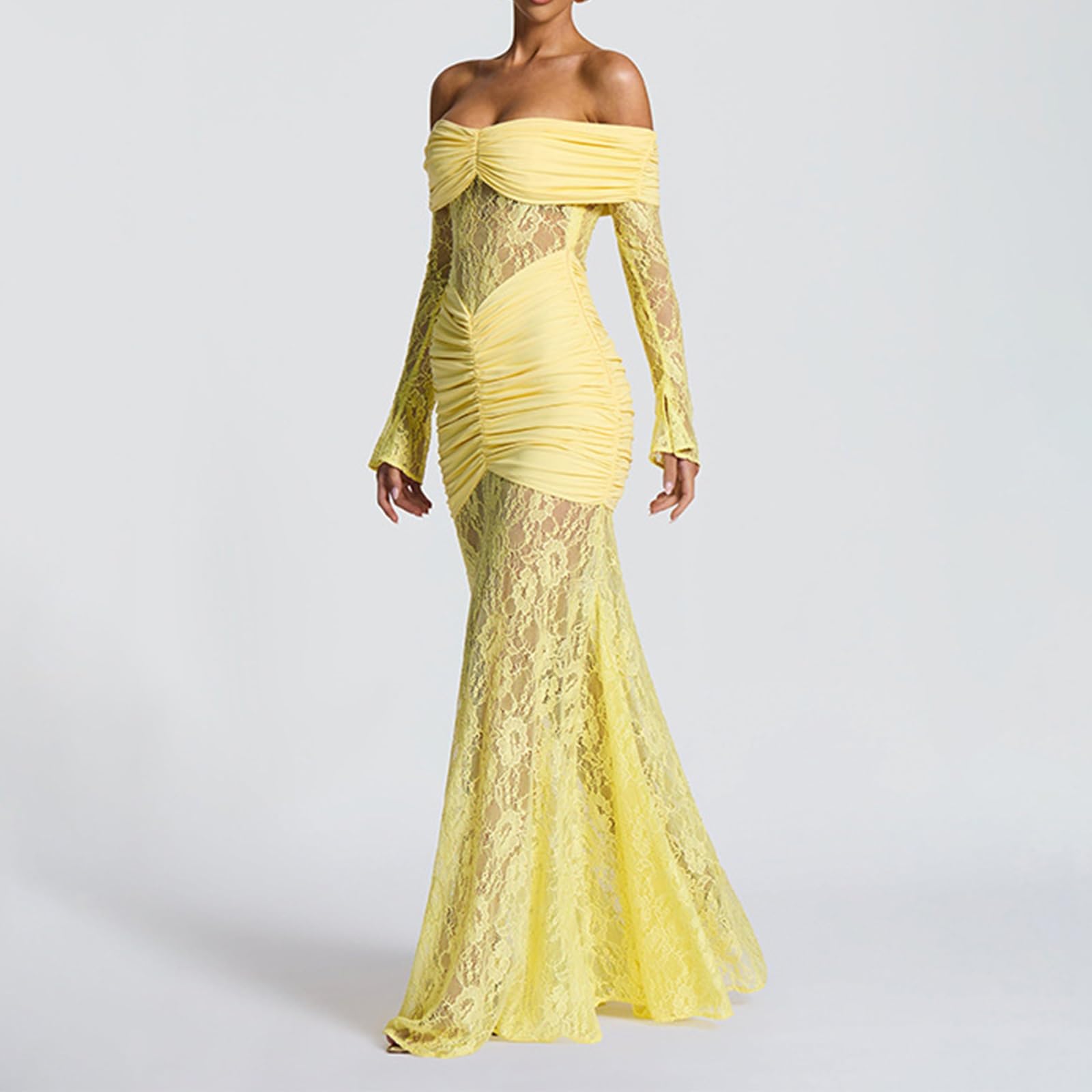 Robe Sirène en Dentelle Jaune, Épaules Dénudées, Taille Froncée, Ourlet en Dentelle Transparente, Idéale pour Les Dîners et Les Soirées