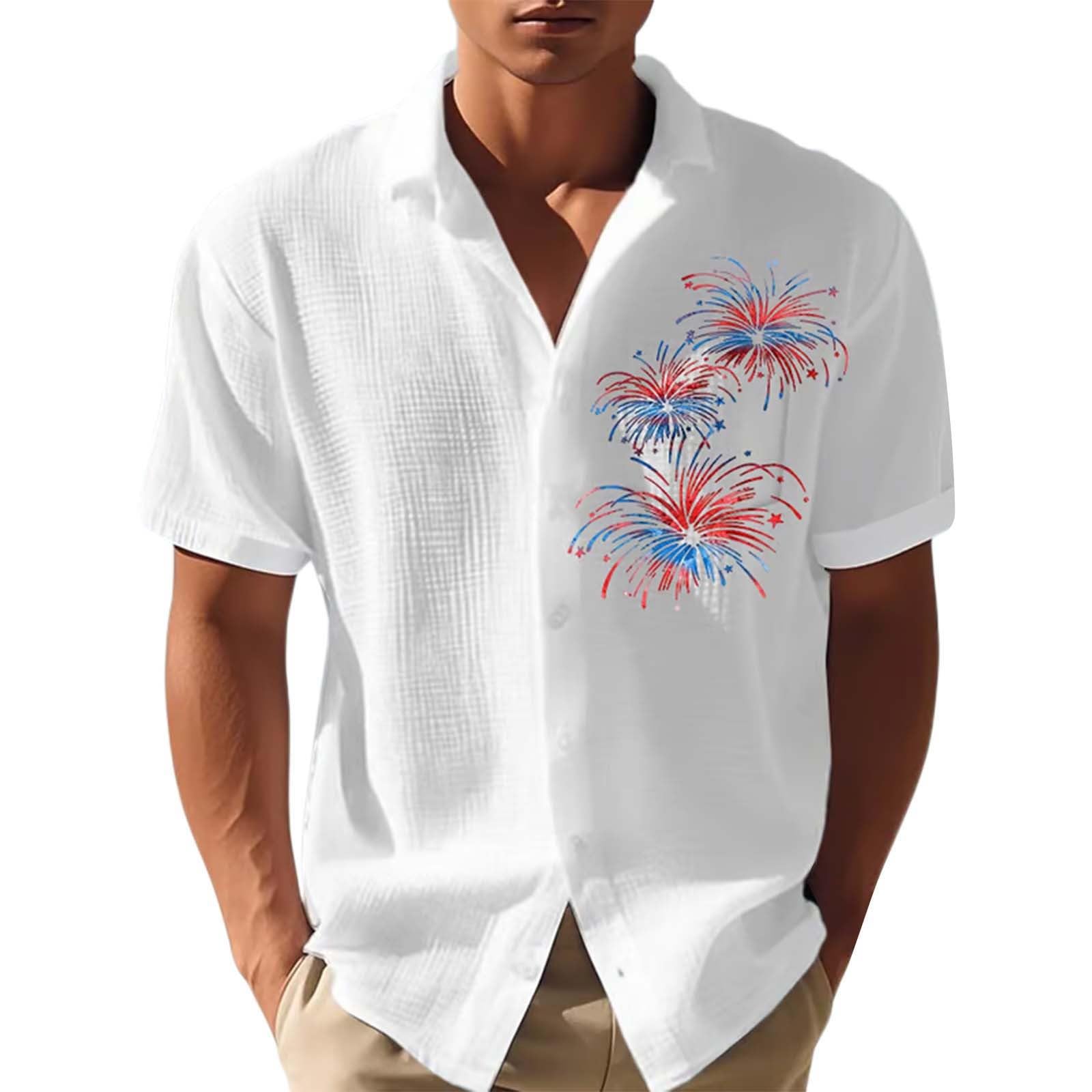 Chemise en Lin Homme Manches Courtes Motif Fête De L'Indépendance, Décontractée, Respirante Coton Bleu Ciel Legere Été Chemisette Rose Blanche Mariage Hawaienne Manche Courte Femme