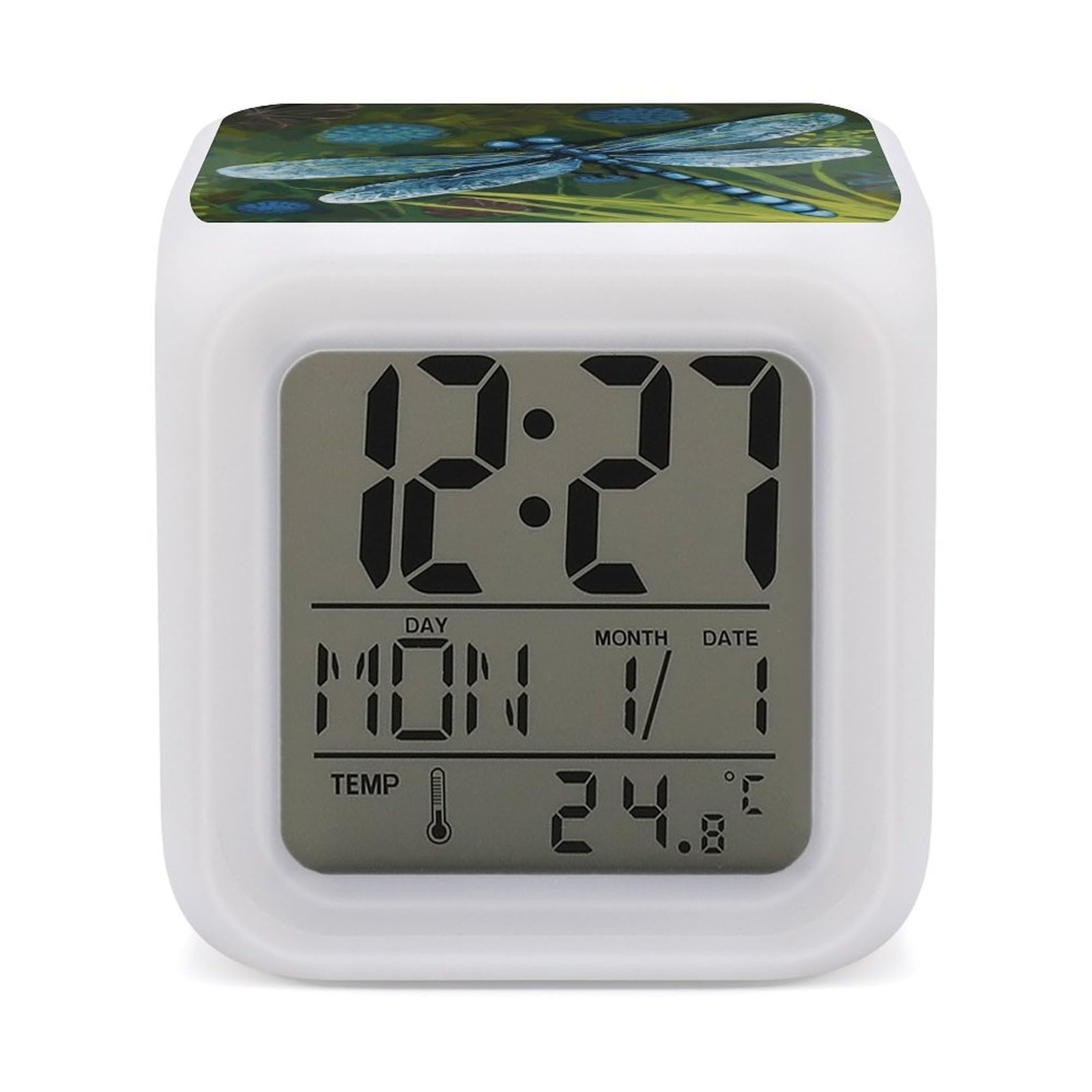 JTREHY Hand Painted Blue Dragonfly Alarm Clock Seven Color Night Light Digital Clock Precision Reliable Alarms Clocks for Bedroom Heavy Sleepers Adults Gift for Men and Women