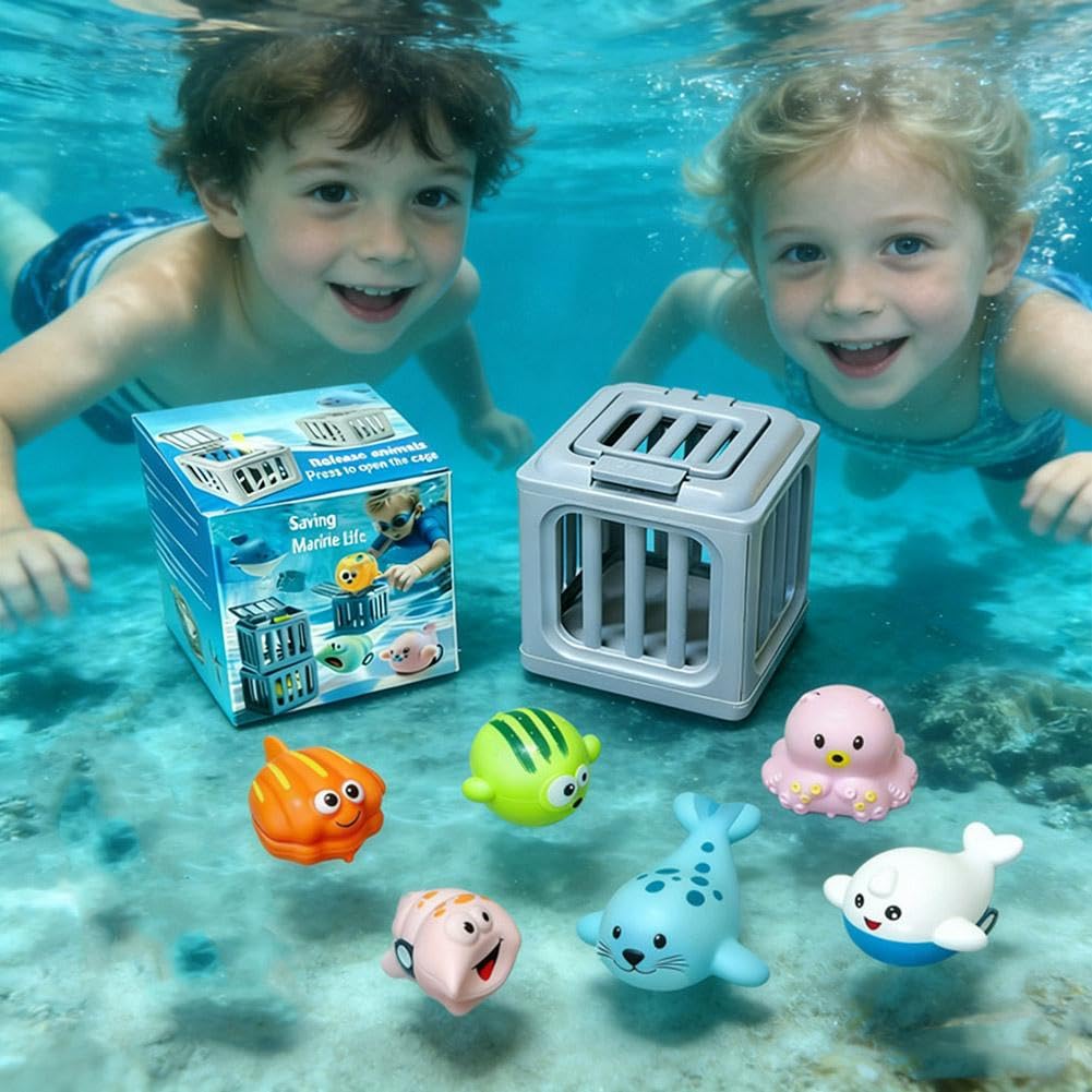 Underwater Dive Rescue Toys - Diving Pool Toys,Diving Cages Toy with Animals Floating,Dive Treasure Hunt Water Play for Swim Training, Beach Lake Bath Summer Party Gift for 3-12 Year Old Boys Girls