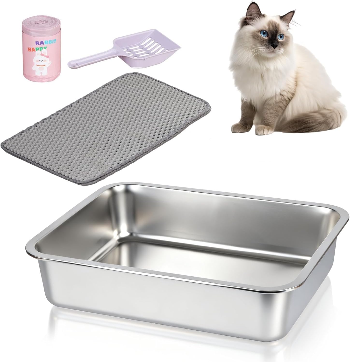 RUIAN Stainless Steel Litter Box for Cats, Low-Entry Small Animal Litter Pan with Mat, Scoop & Bags, Odor-Free and Easy Clean