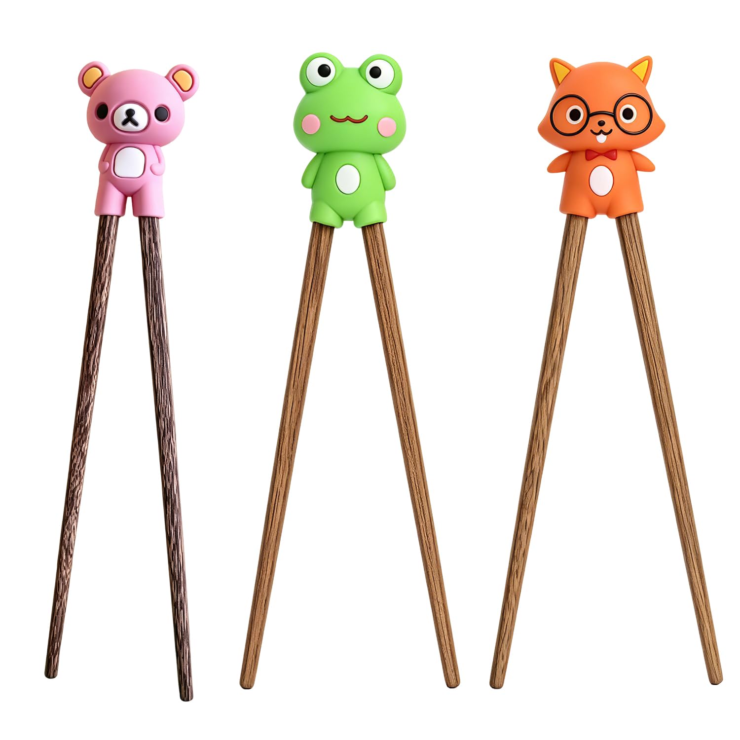 3 Pairs Training Chopsticks for Beginners, 18cm/7in Wooden Chopsticks Reusable Set, Natural Wood Color Chopsticks with Silicone Helper for Sushi, Noodles & Asian Food
