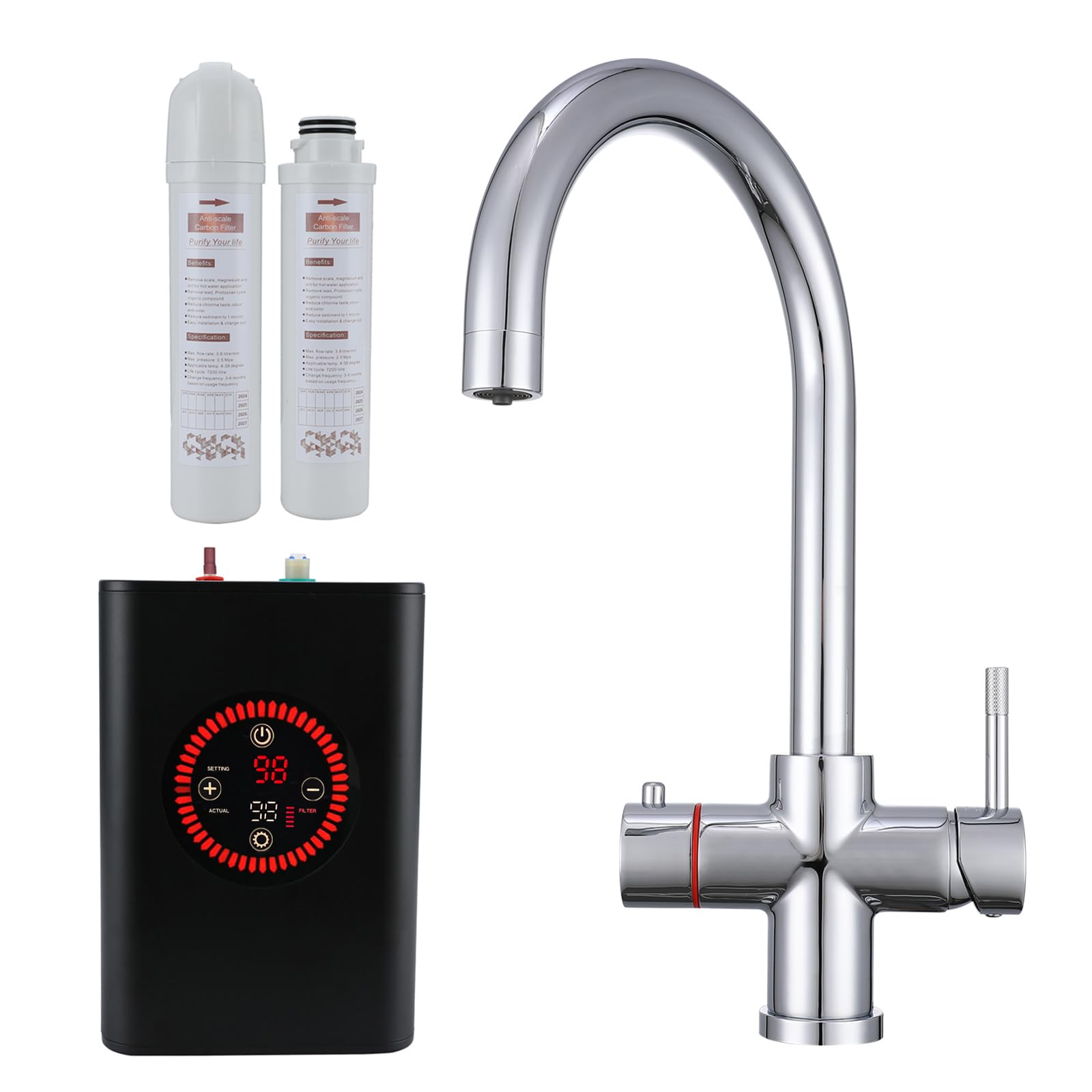 Grifo de agua hirviendo 4 en 1, filtrado en frío, grifo principal de agua caliente y fría instantánea con unidad de caldera y filtro de temperatura ajustable, aprobado por WRAS