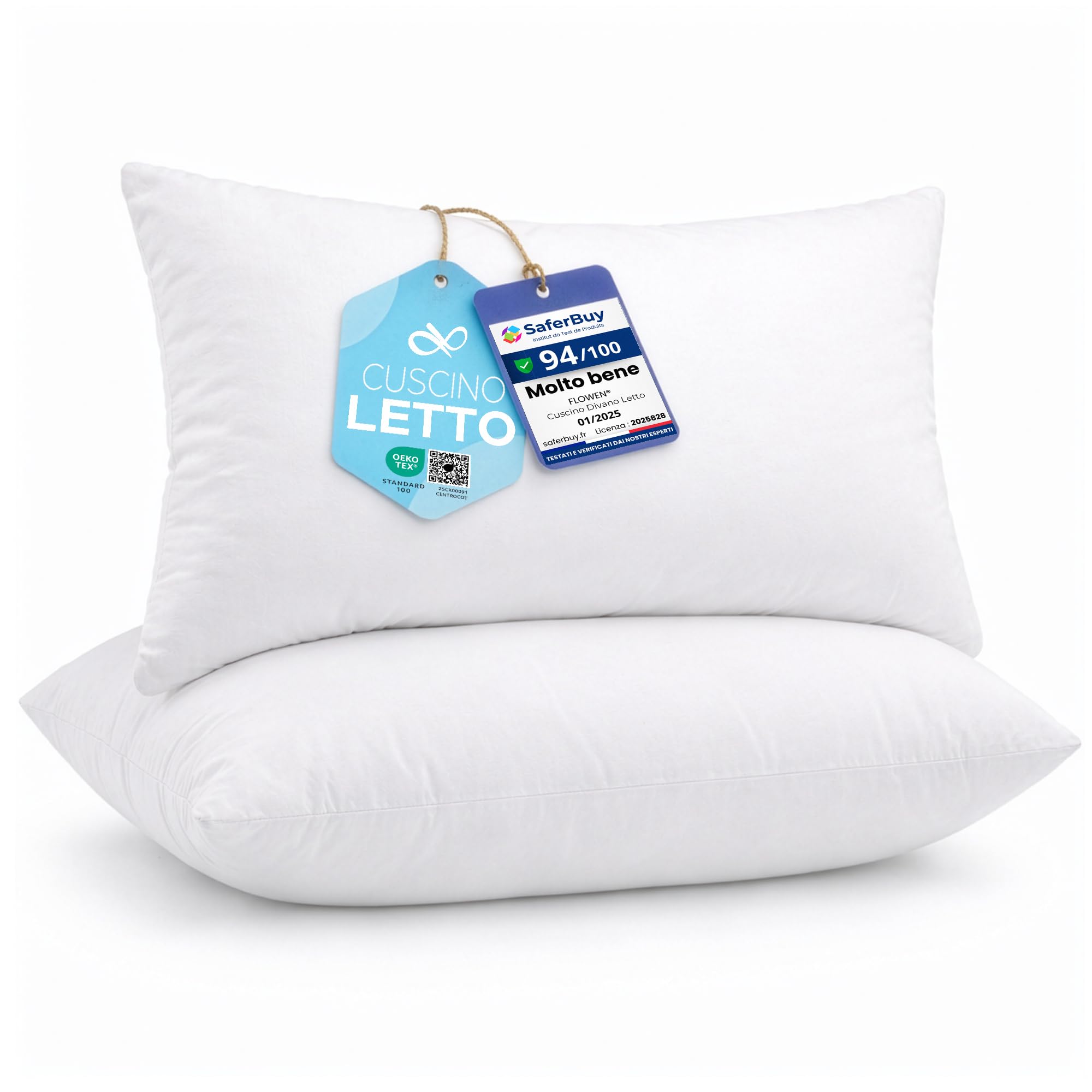 Flowen Cuscini Letto Coppia di Guanciali 50x80 per Dormire Imbottitura Standard Antiacaro Anallergico Traspirante Rettangolare per Matrimoniale Singolo con Federa in Poliestere Lavabile