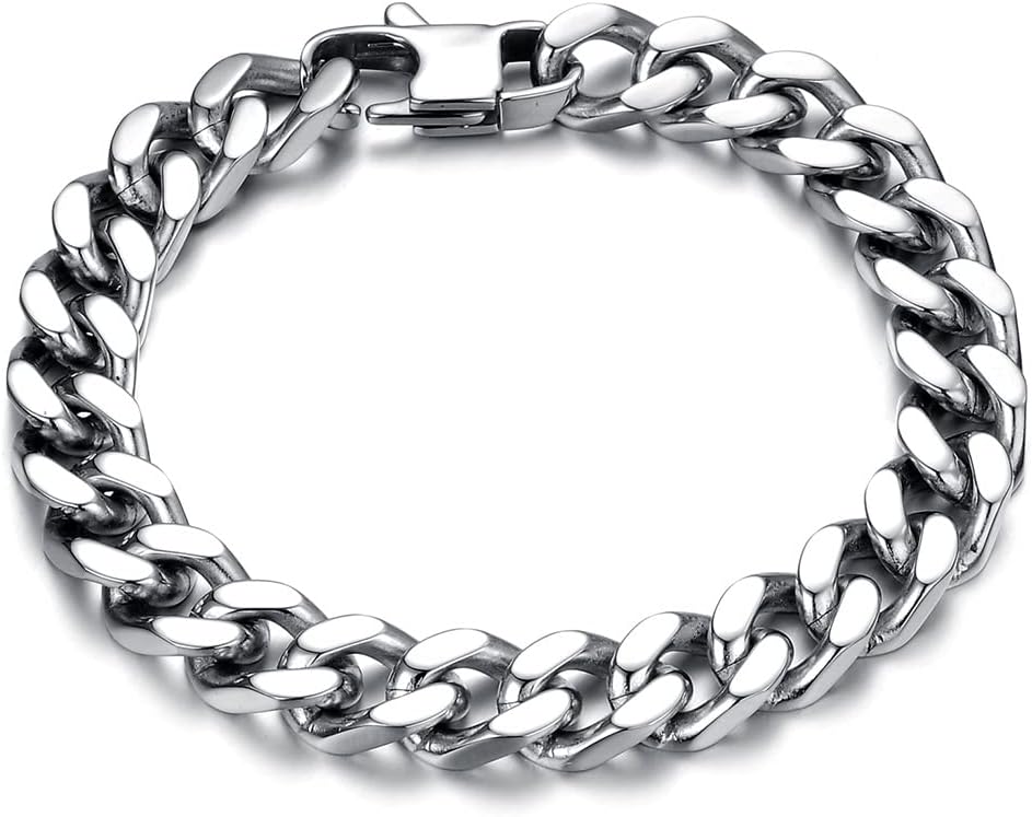 FPEAOBFPEAOB Men's Stainless Steel Bracelet Curb Chain Bracelet Silver Color High Polished Length 8.5-8.9 Inch With Gift box Perfect Jewellery Gift for Boyfriend
