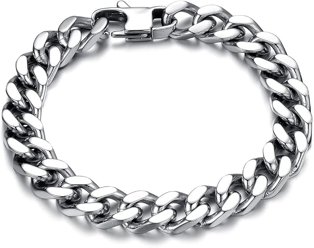 FPEAOB Men's Stainless Steel Bracelet Curb Chain Bracelet Silver Color High Polished Length 8.5-8.9 Inch With Gift box Perfect Jewellery Gift for Boyfriend (12mm)