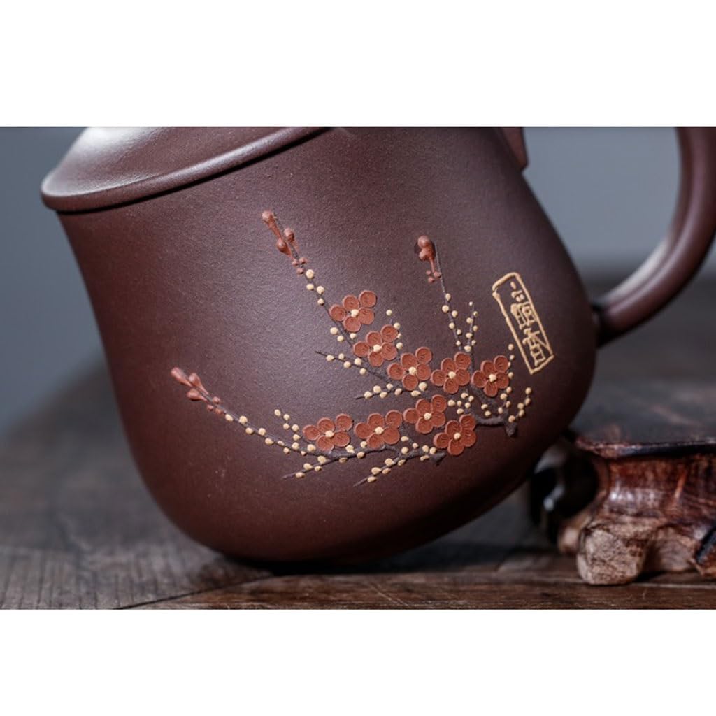 Filiżanki Matcha chiński czajniczek 360 ml fioletowy piaskowy garnek ręcznie robiony kwiat śliwy z pokrywką do parzenia herbaty domowy kubek na wodę kubek biurowy zestaw do herbaty kubek do zaparzania
