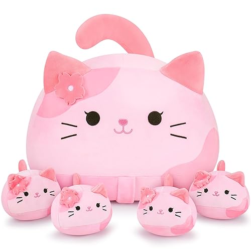 5 PCS Pink Sakura Cat Plush Stuffed Animal Family-19" Soft Pink Sakura Cat Plush, Large Mommy Plushies with 4 Baby Kittens Plushies, Kawaii Plush Toy Christmas Birthday Gifts for Kids Boys Girls - Pink Sakura Cat Family