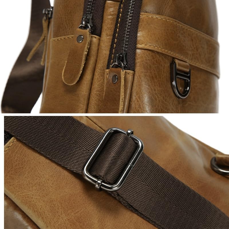 Men's Leather Chest Bag Retro Crossbody Multi Function Large Capacity Commuter