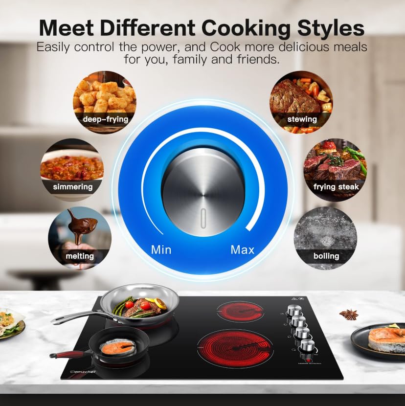 AMZCHEF 30 Inch Electric Cooktop, Built-in with 4 Burners Max 7000W with ETL Safety Certified, 30" Glass Ceramic Cook Top,Knob control, Hot Surface Indicator,220V - 240V Hard Wire, No Plug