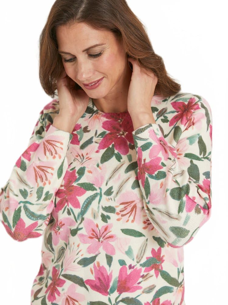 Afibel - Pull Doux Imprimé Fleurs Col Rond Femme Rose Acrylique - Taille : 46/48