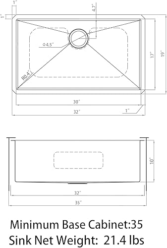 Miniatura 5 de Sinber HU3219S-16G - Fregadero de cocina de 32 x 19 x 10 pulgadas con acabado satinado de acero inoxidable 304 calibre 16 (solo fregadero)