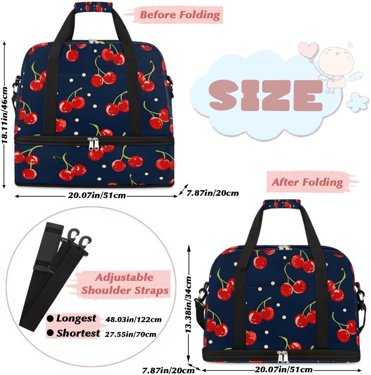 QsirBC Cherry Decor Design Gym Bag for Women Duffle Tote with Shoes Compartment Men Weekender Duffel for Dance Travel Sports Swimming Overnight