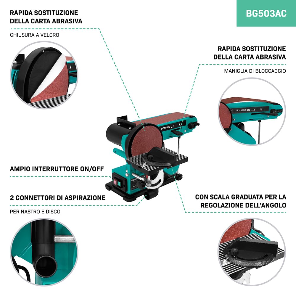 VONROC Lijadora de banda y disco de 350 W – Contiene 2 bandas de lijado de 100 x 915 mm (P80 y P120) y 2 discos de lijado de 150 mm de diámetro (P80 y P120)