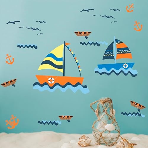 Miniatura 3 de Calcomanía de pared para niños, barcos, anclas, gaviotas, olas, bonita decoración para habitaciones de niños, fabricado en Estados Unidos (barcos,
