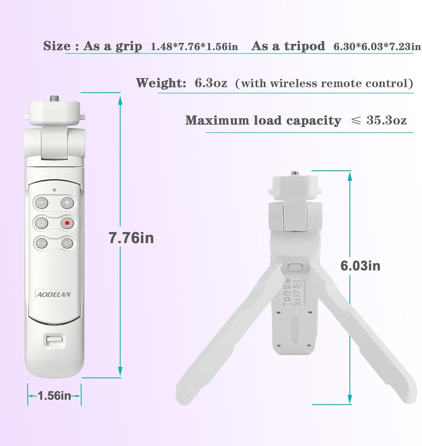 Diagram showing the dimensions of the AODELAN Shooting Grip in both grip and tripod configurations.