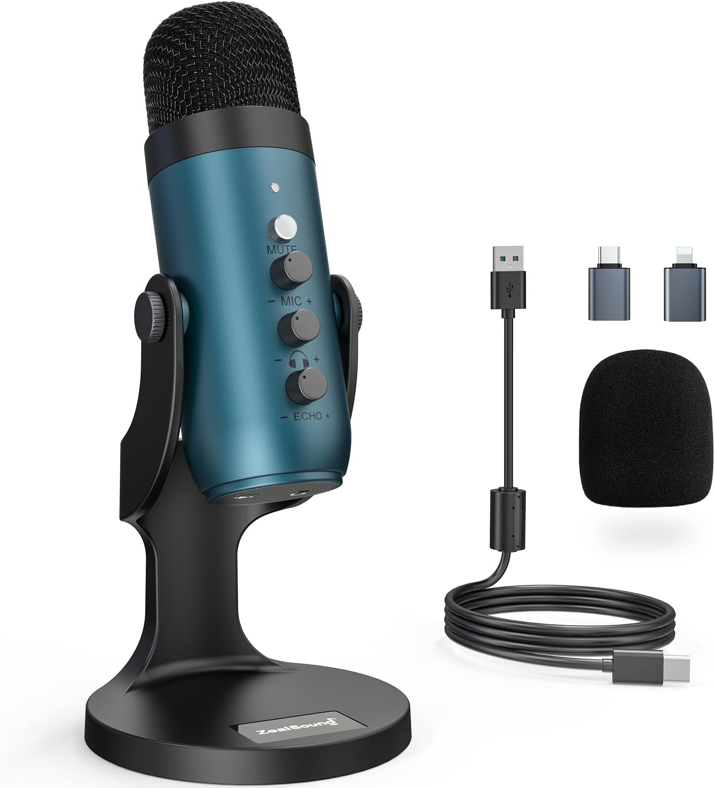 ZealSoundUSB Microphone,Quick Mute Noise Cancel for Phone Computer PC PS5,Gaming Microphone with Gain Control,Echo Monitor Volume Adjust for Streaming Vocal Recording ASMR Podcast Video (Teal)